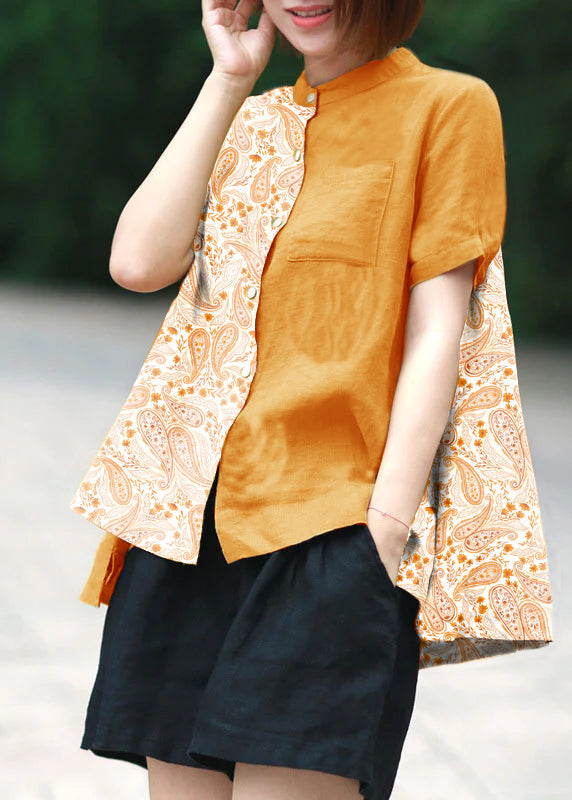 Yellow Dot Print Patchwork Linen Top Button Stand Collar Summer