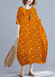 Plus Size Orange cashews O-Neck Striped Summer Cotton Maxi Dresses