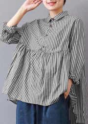 boutique Purple striped linen blouse plus size traveling clothing fine patchwork lapel collar linen blouses