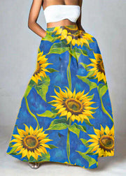 Bohemian Blue-sunflower High Waist Pockets Floral Print Cotton A Line Skirt Summer