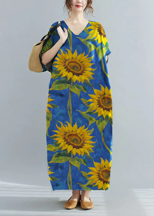 Loose Blue-sunflower V Neck Oversized Leaf Print Chiffon Long Dress Short Sleeve