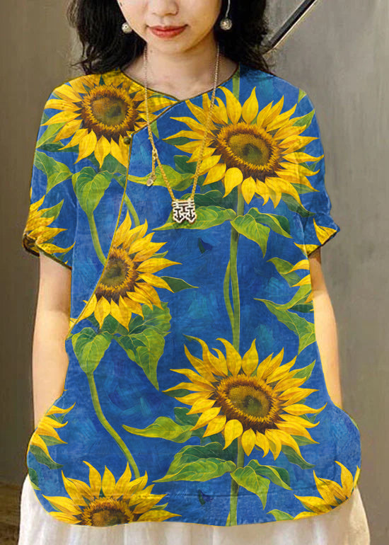 Chinese Style Yellow hand drawn flowers O-Neck Embroidered Linen Tops Short Sleeve