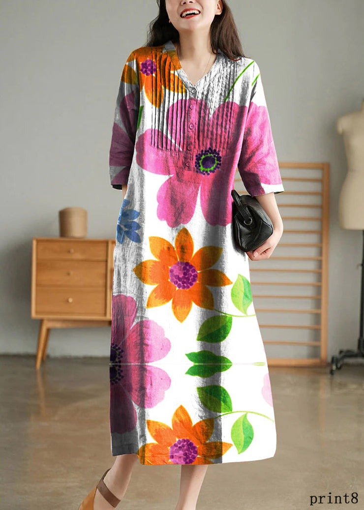 White Print9 Loose Linen Long Dresses Button Solid Half Sleeve