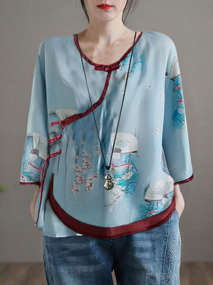 Grace Blue Patchwork Print Linen Shirt Tops Spring