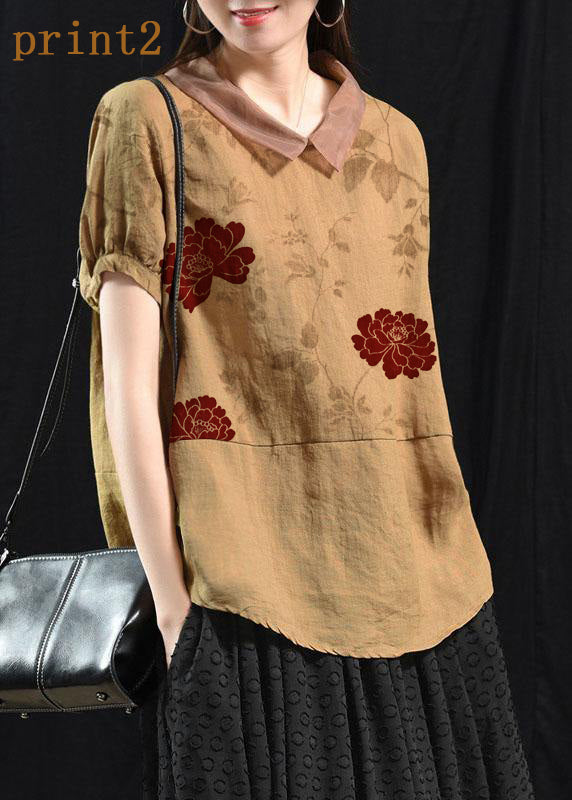 Bohemian Khaki-red flower Patchwork Turn-down Collar Summer Short Sleeve Top