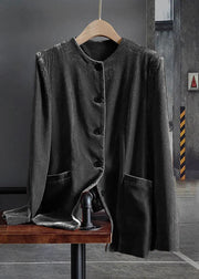 Fashion Black O-Neck Button Patchwork Silk Velour Coats Spring