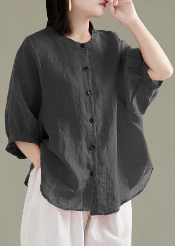 Art Black O-Neck Button Linen Loose Shirt Top Lantern Sleeve