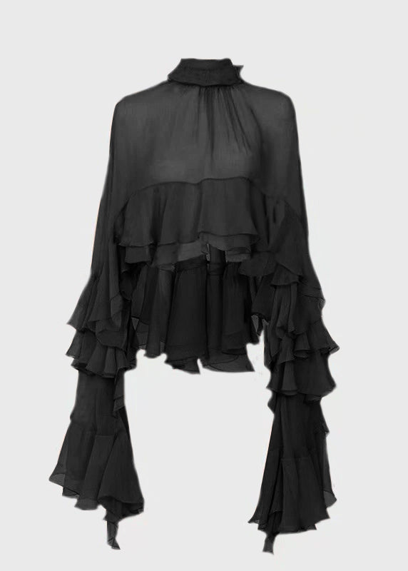 Fashion Stand Collar Ruffled Patchwork Chiffon Shirt Long Sleeve