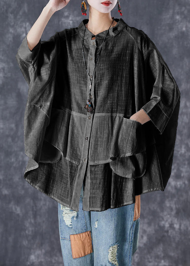 Plus Size Gray-camouflage Stand Collar Patchwork Linen Shirt Tops Batwing Sleeve