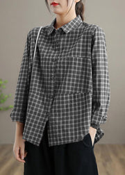 Loose Lapel Patchwork Spring Blouse Sleeve Black Plaid Top