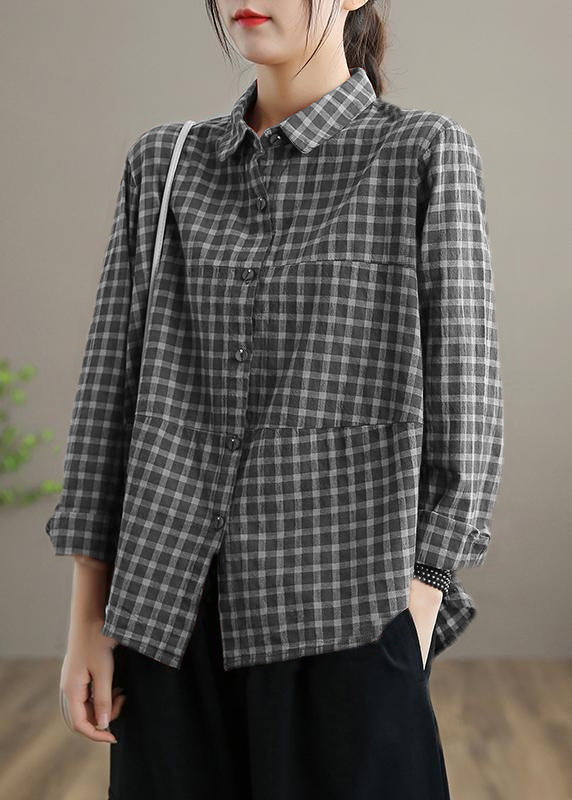 Loose Lapel Patchwork Spring Blouse Sleeve Blue Plaid Top