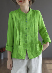 Women Green  Elegant Button Fall Top Long Sleeve Linen