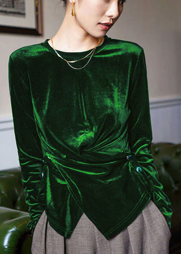 Green Silk Velour Blouses Asymmetrical Button Long Sleeve