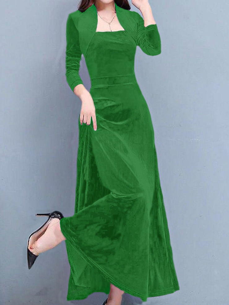 Green Retro Three-quarter Sleeve Golden Velvet Maxi Dress