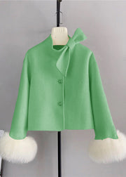 New Yellow Wool Bow Button Fox Hair Cuff Short Coat Winter