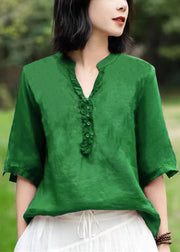 Unique Pure Green V Neck Embroidered Patchwork Linen T Shirts Half Sleeve