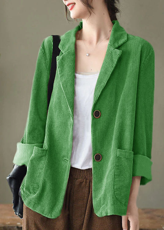 Loose Green button pockets Peter Pan Collar Corduroy Coat Long Sleeve