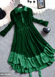 French Green Asymmetrical Patchwork Velour Holiday Dress Spring