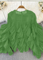 Green O-Neck Ruffled Patchwork Button Silk Top Long Sleeve