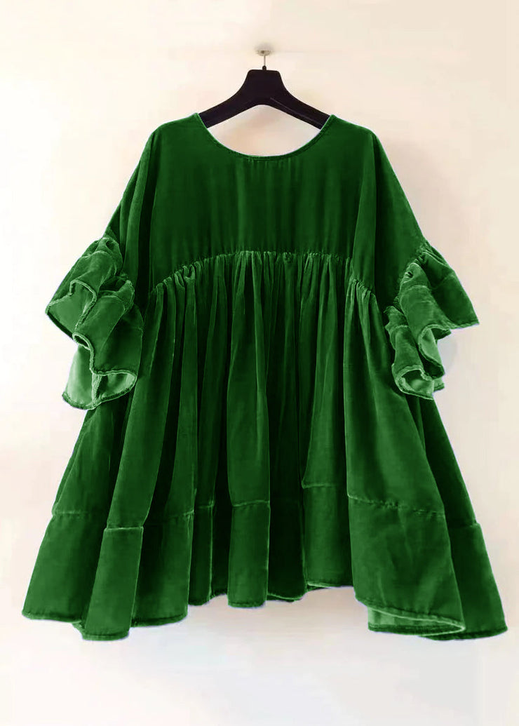 Plus Size Green Wrinkled Patchwork Velour Short Dress Butterfly Sleeve