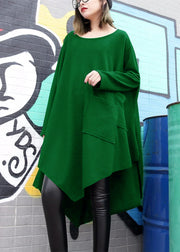 Fine green cotton silk dress plussize asymmetric hem traveling dress boutique o neck gown