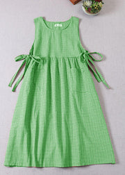 Natural Green Cinched Plaid Party Dress Spring