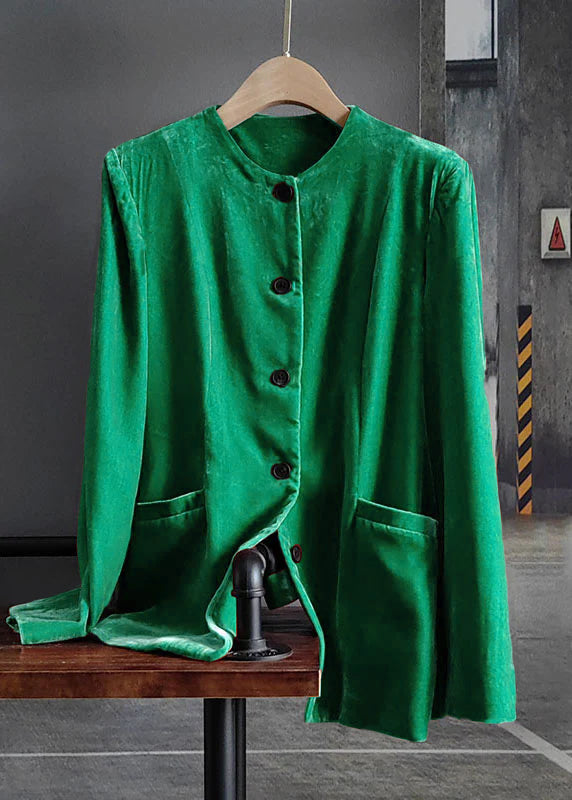 Fashion Green O-Neck Button Patchwork Silk Velour Coats Spring