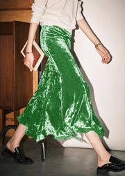 Loose Green Solid High Waist Silk Velvet Skirts Spring