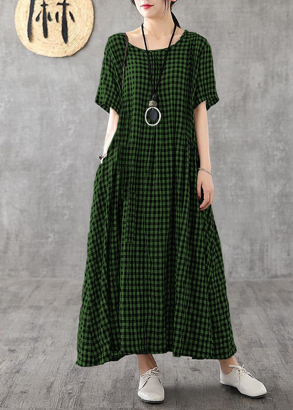 Vivid patchwork linen quilting dresses Runway Green plaid Dresses summer