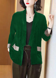 Loose Green V-Neck Pockets  Silk Velour Cardigans Bracelet Sleeve