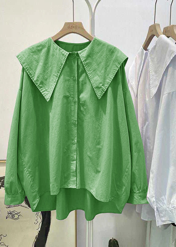 Bohemian green Peter Pan Collar Button asymmetrical design Fall Long sleeve Top