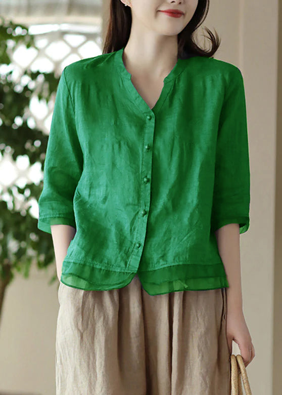 Casual Green V Neck Embroidered Solid Ramie Shirt Half Sleeve