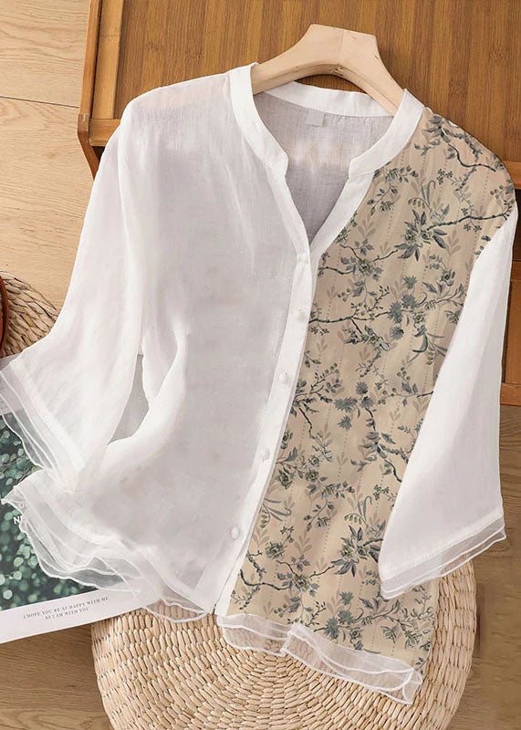 Chic White-ink flowers Embroideried Button Patchwork Linen Top Bracelet Sleeve