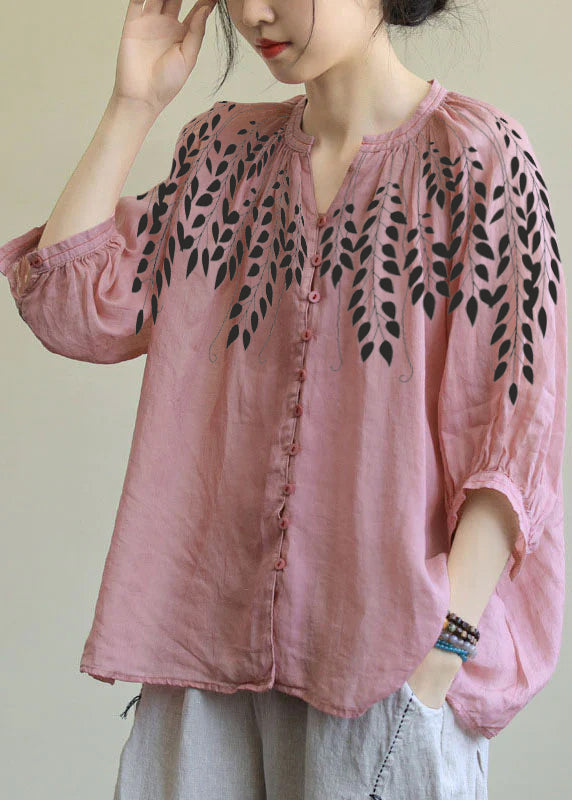 Italian Pink leaves V Neck Button Loose Fall Half Sleeve Blouse Top