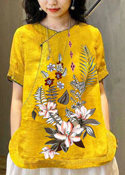 Chinese Style Blue sunflower O-Neck Embroidered Linen Tops Short Sleeve