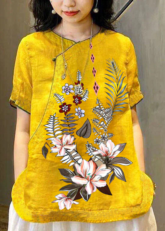 Gelbe O-Neck bestickte Leinenoberteile im chinesischen Stil mit kurzen Ärmeln