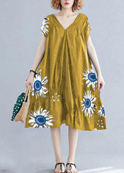DIY v neck Cinched Cotton clothes Shape  yellow flowers Dresses