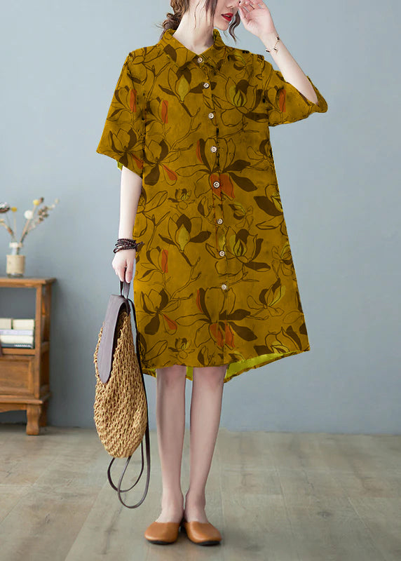 Modern Yellow Button Stand Collar Floral Print Party Dress Half Sleeve