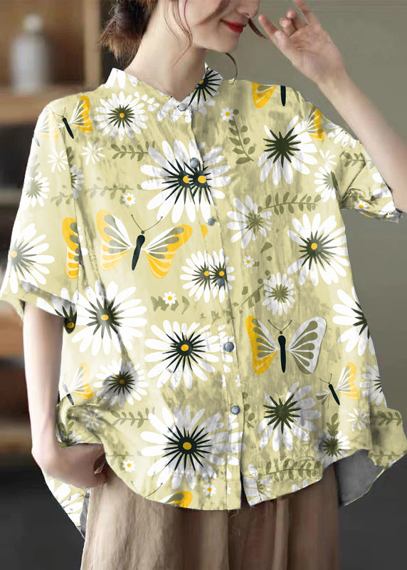 Yellow Flower Print Cotton Shirts Low High Design Short Sleeve