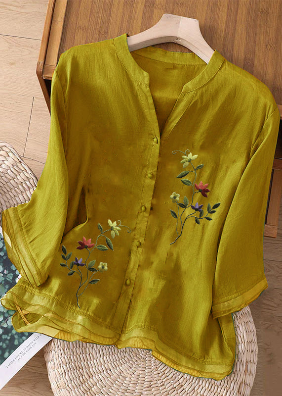 Chic yellow Embroidered Button Patchwork Linen Top Bracelet Sleeve