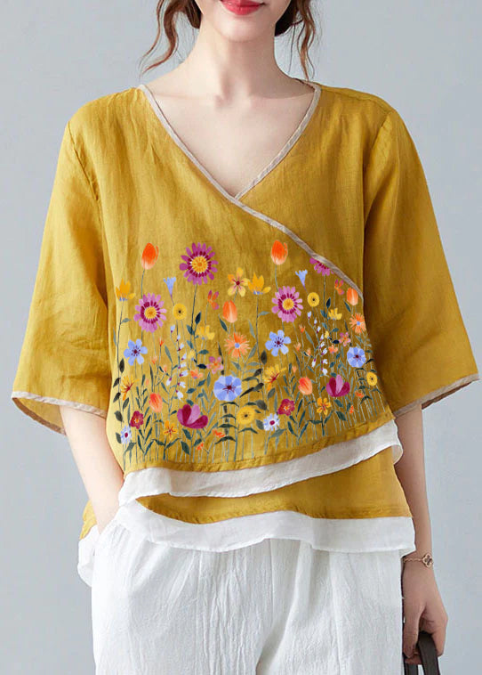 Französisch Gelb V-Ausschnitt asymmetrisches Design Hemd Frühling