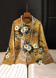 Chinese Style Yellow flower Embroideried Button Silk Coat Long Sleeve