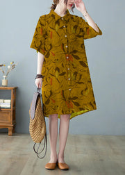 Modern coffee Button Stand Collar Floral Print Party Dress Half Sleeve