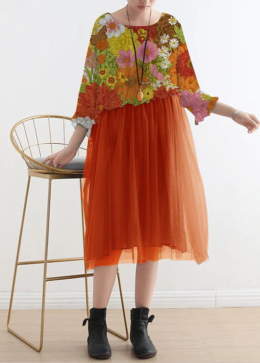 2025 orange flower Tull Maxi dresses patchwork chiffon Summer Dresses