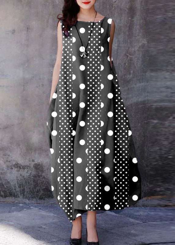 Bohemian Black spliced polka dots O-Neck Exra Large Hem Cotton Dresses Sleeveless