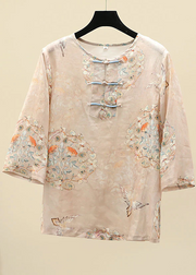 Grace Apricot O-Neck Print Oriental Button Side Open Linen Tops Half Sleeve