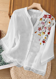 Chic White-geometry Embroidered Button Patchwork Linen Top Bracelet Sleeve