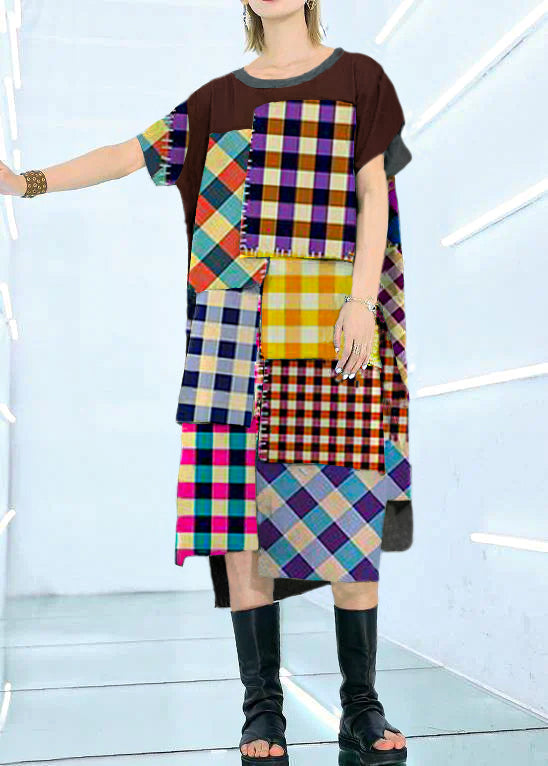 100% Colorful plaid Cotton clothes For Women asymmetric daily summer Dress