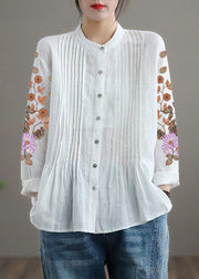Organic White Placket flowers Linen Shirt Tunics Women Ramie Blouse
