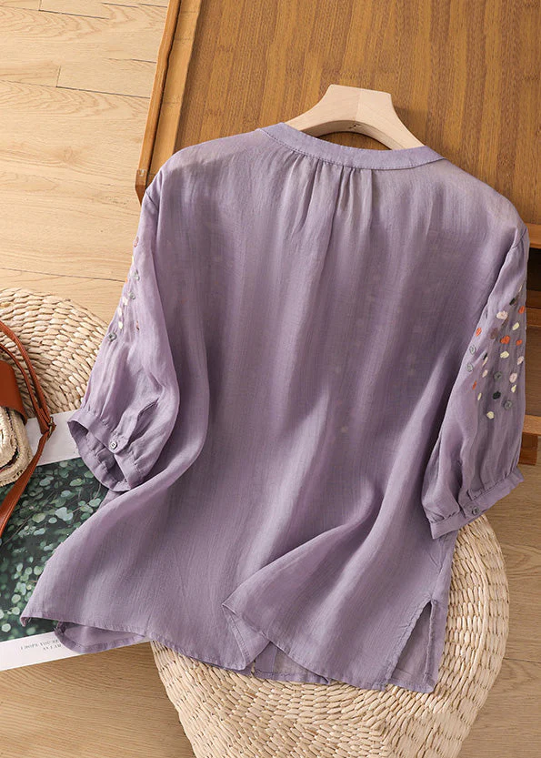 Grace Purple O Neck Embroideried Side Open Linen Blouse Spring